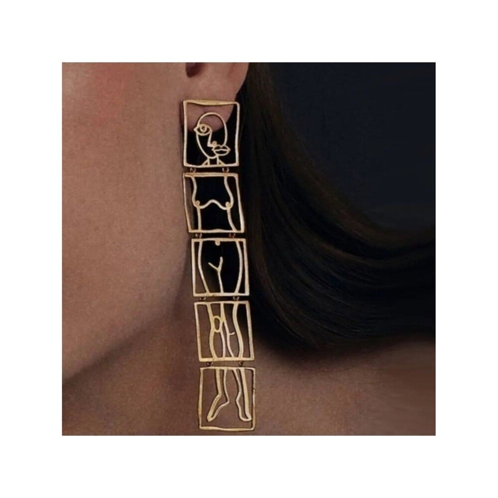 Gold Hollowed Out Female Body Face Geometric Silhouette Square Earrings